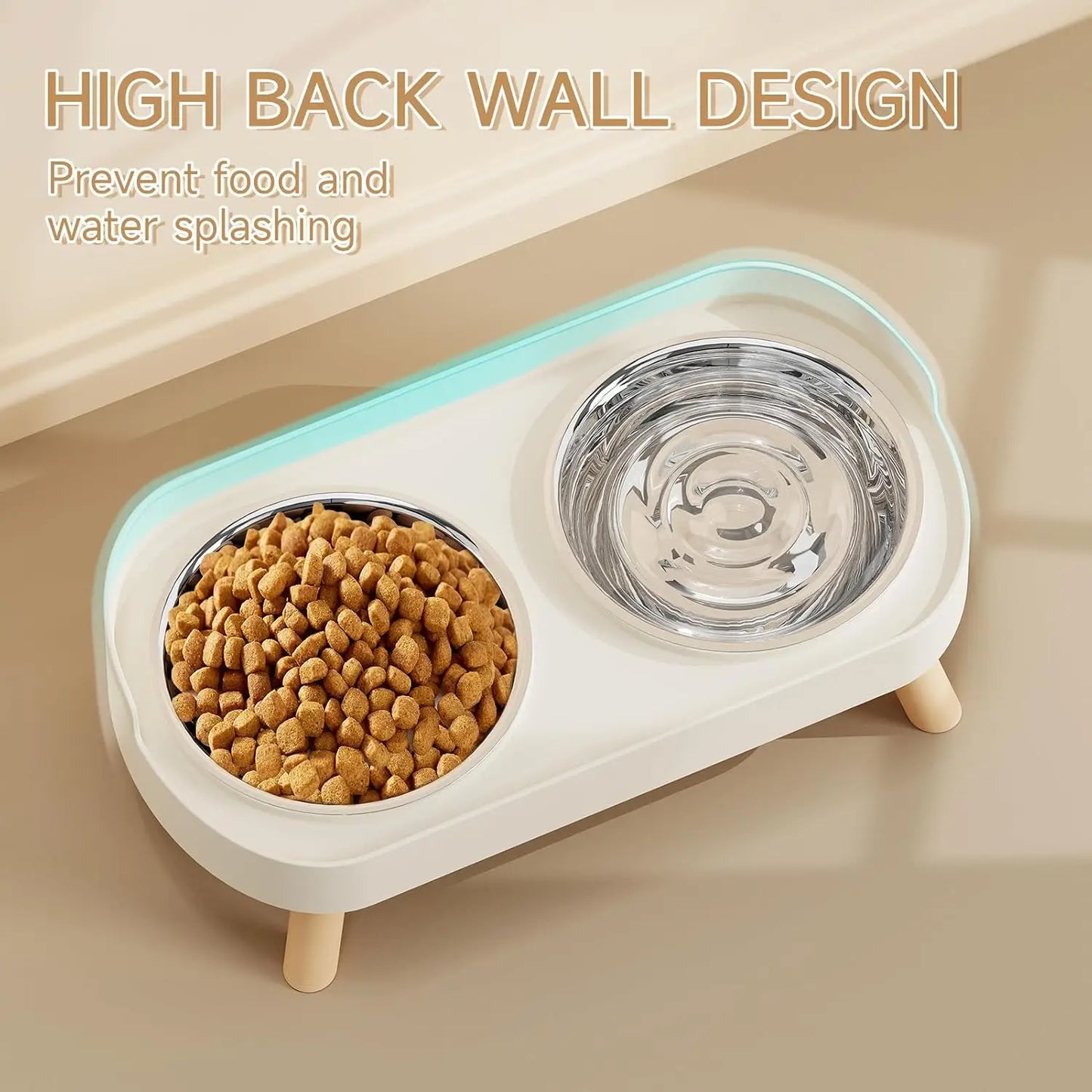 Elevated Cat Bowl, Raised Cat Food and Water Bowl Set for Indoor Cats, Splash Proof with  Stainless Steel Pet Food Bowls for Cats and Puppies, Whisker Fatigue and Dishwasher Safe - White