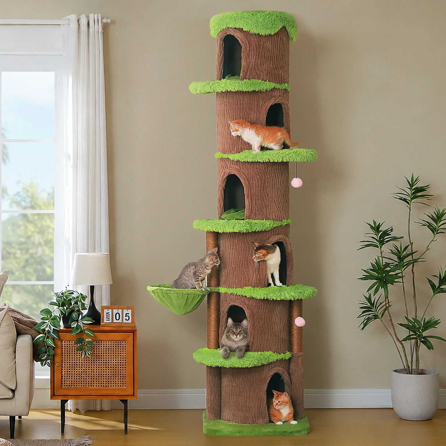 Floor to Ceiling Cat Tree with 6 Spacious Condos Sisal Scratching Posts Cozy Hammock Adjustable Height Large Cat Tower for Indoor Cats Multi-Level Cat House Bed Cat Toys