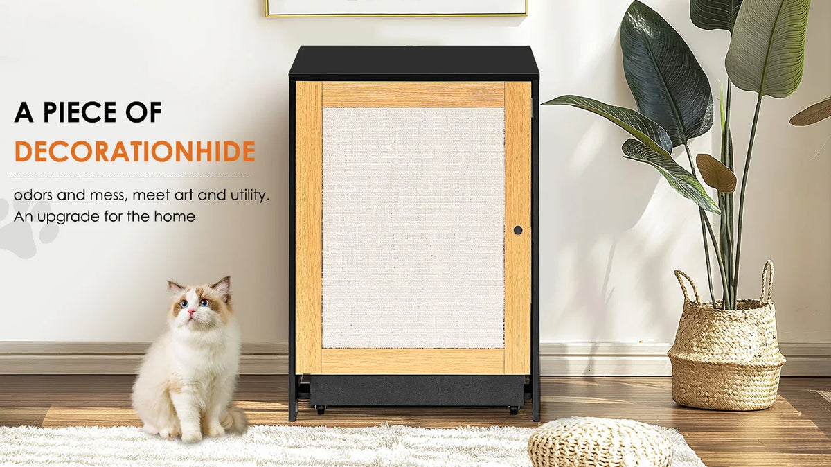 Hidden Cat Litter Box Enclosure With Sisal Scratching Door Cabinet