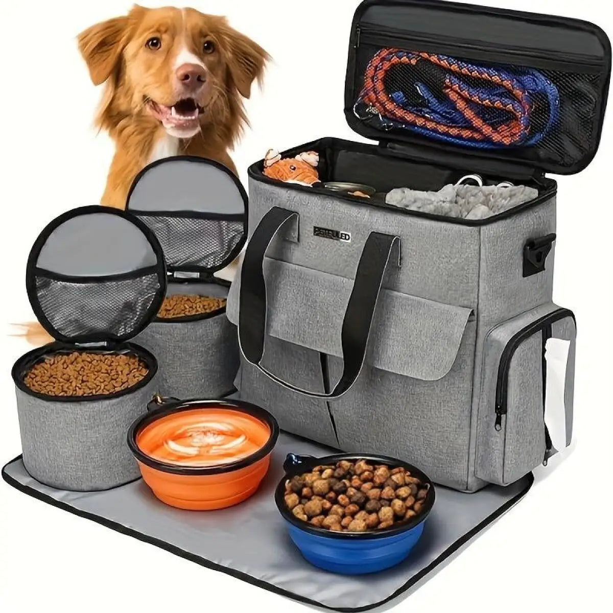 Pet Travel Bag Set Airline Approved Dog Cat Travel Organizer Weekend Tote Multi Function Pockets Supplies Bowls Containers
