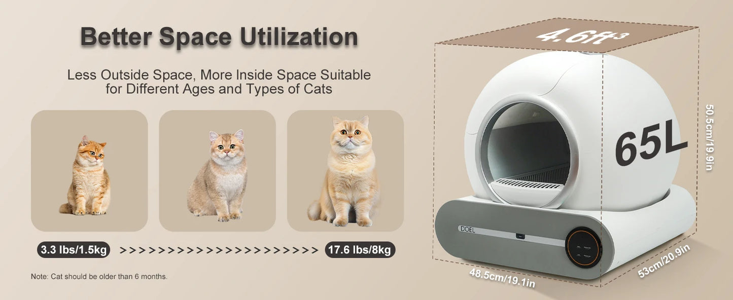 DOEL Self Cleaning Cat Litter Box 65L Automatic Cat Litter Box w/ Trash Bag & Litter Mat Smart Cat Toilet App Control 2.4G WiFi