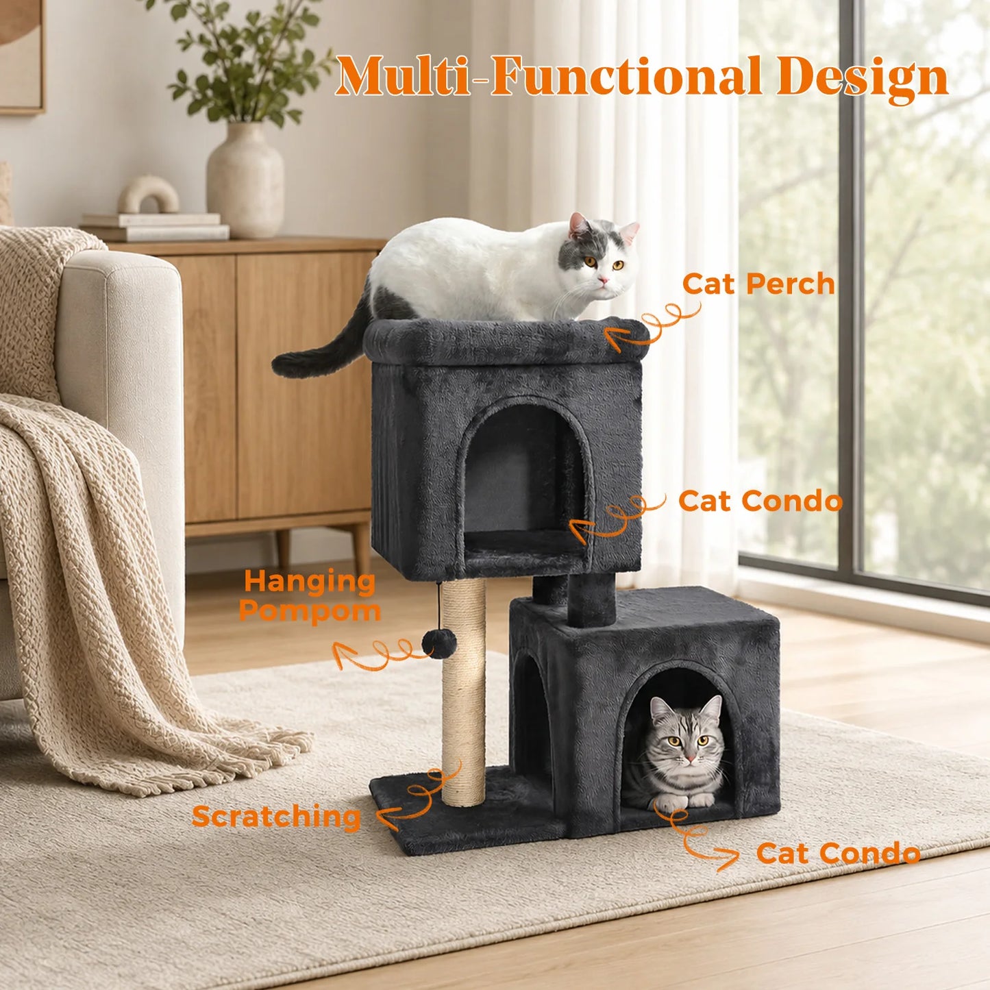 30-Inch Cat Tree with 2 Cozy Condos Sisal Scratching Post Soft Top Perch Hanging Pompom Small Cat Tower for Indoor Kitten Furniture House Cat Toys
