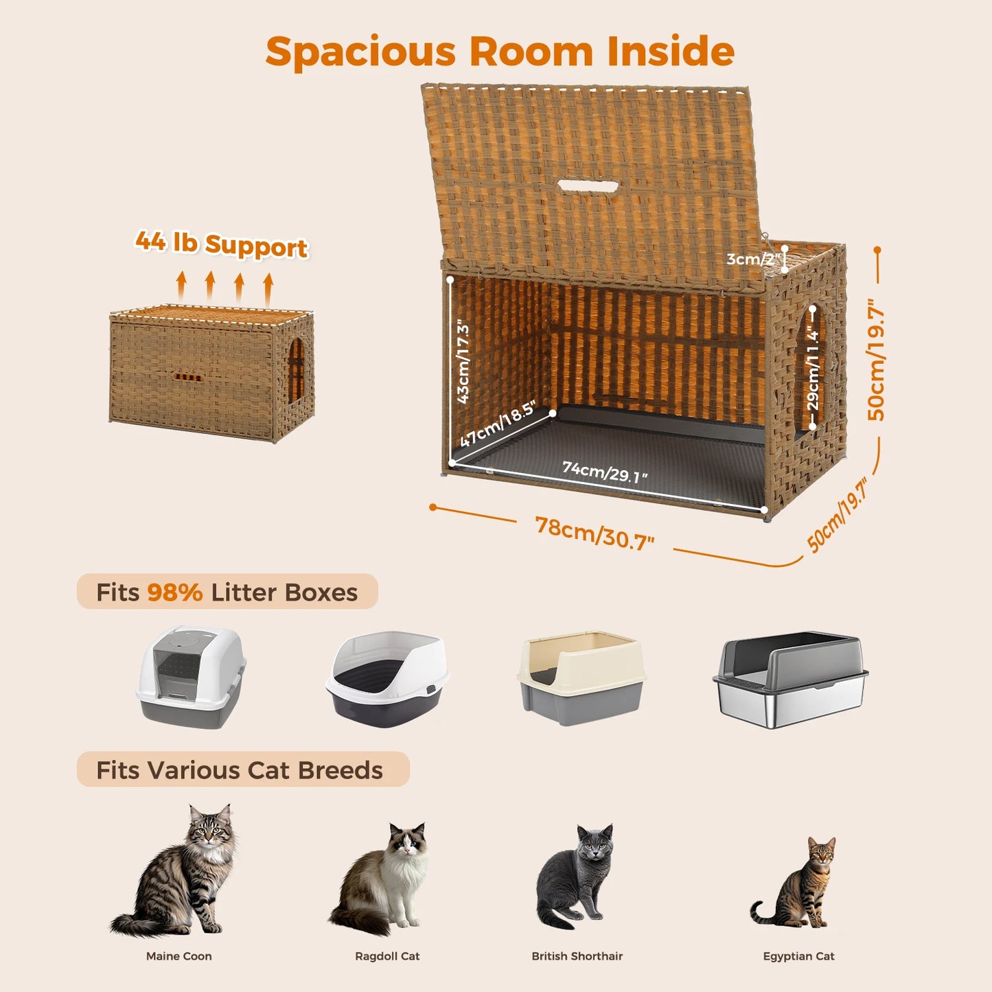 PEQULTI Rattan Cat Litter Box Enclosure With Taller Doorway