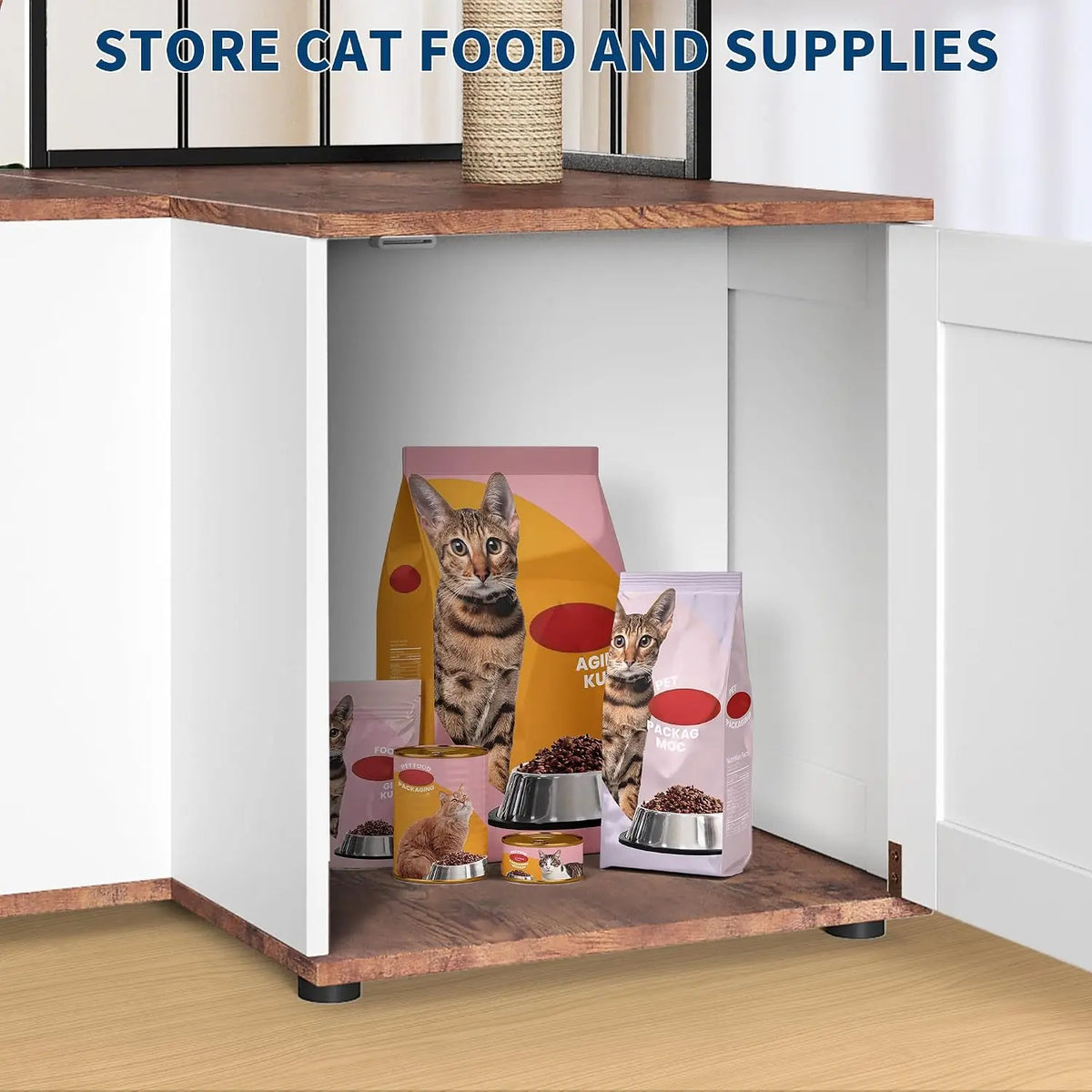 Garvee Wooden L Shaped Cat Tree Scratching Post Storage Cabinet