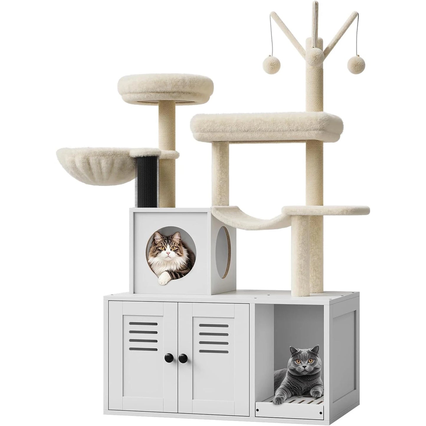 55-Inch Litter Box Enclosure with Cat Tree, 2-in-1 Modern Large Cat Tower for Indoor Cats with Condo/Hammock/Scratching Post/Plush Perch/Caves, Wooden Hidden Litter Box Furniture, White
