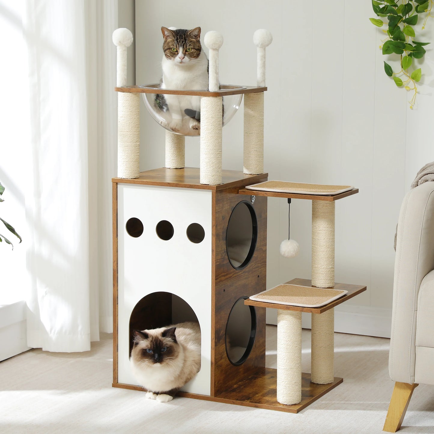 PETEPELA Wooden Cat Tree Tower Condo Scratching Posts Nest