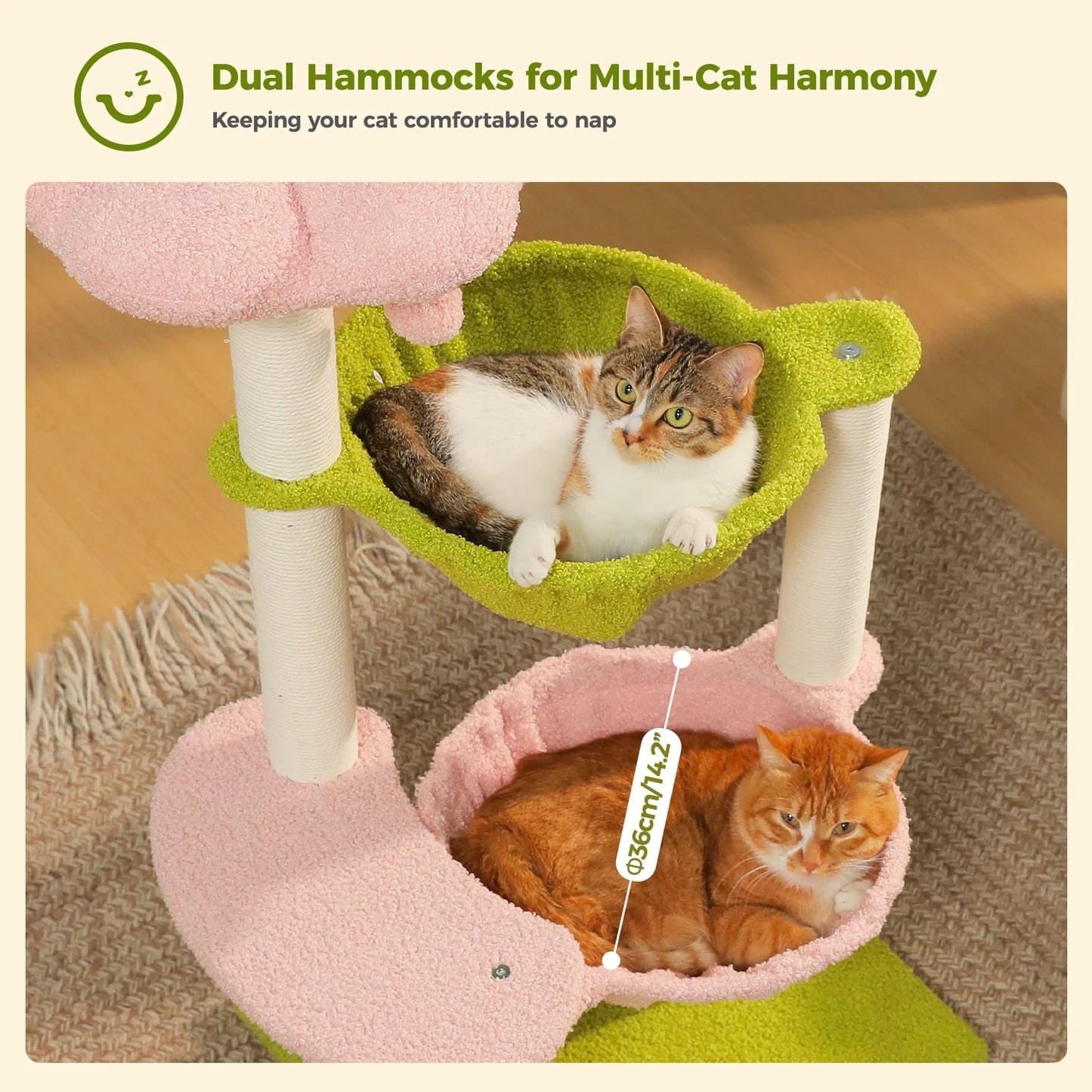 Flower Cat Tree with 2 Cozy Hammocks Sisal Scratching Posts Soft Top Perch Small Cat Tower for Indoor Kitty Cat Furniture Cat Toys