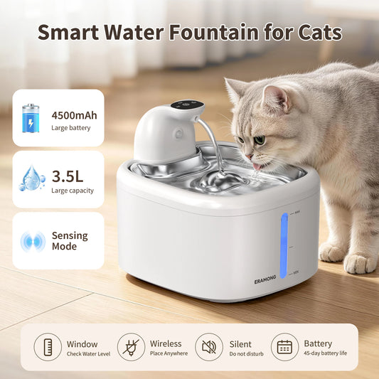 Automatic Cat Water Dispenser 118Oz/3.5L with Motion Sensor And Multiple Modes, Stainless Steel Tray Wireless Cat Fountain USB Rechargeable for Indoor Use, Pet Water Fountain with 2 Filter Cartridges