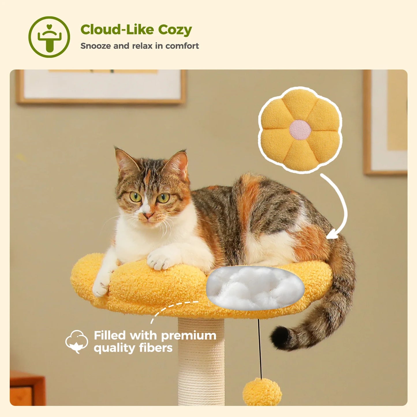 Flower Cat Tree with 2 Cozy Hammocks Sisal Scratching Posts Soft Top Perch Small Cat Tower for Indoor Kitty Cat Furniture Cat Toys