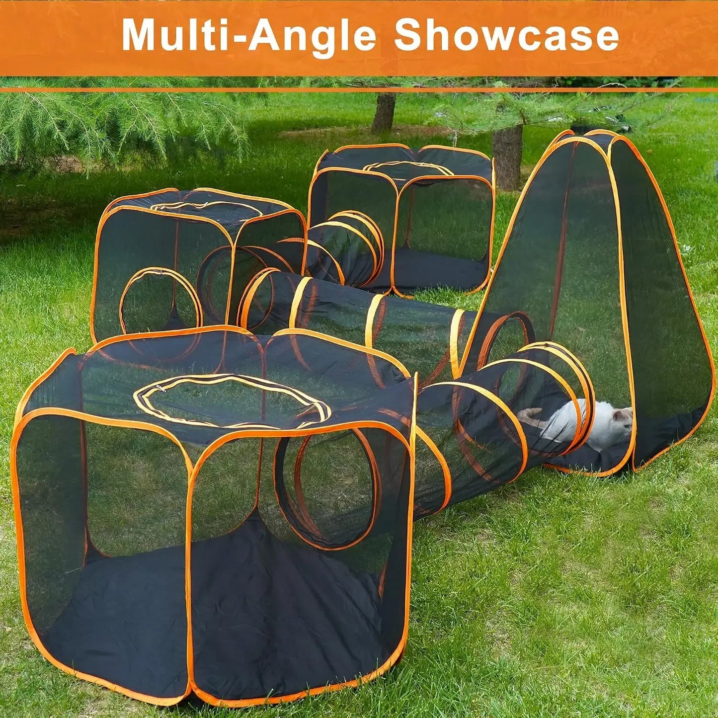 7-in-1 Outdoor Cat Enclosure, Foldable Pop-Up Mesh Playpen with Tunnels for Small Pets