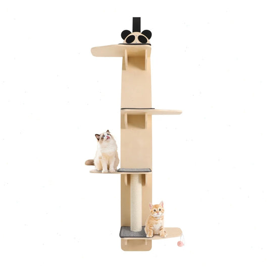 67inch Door Hanging Cat Tree, 4 Tiers Cat Climber with Strong Wood Shelves, Scratching Board, Teasing Ball, Indoor Vertical Cat Tower for Small Spaces
