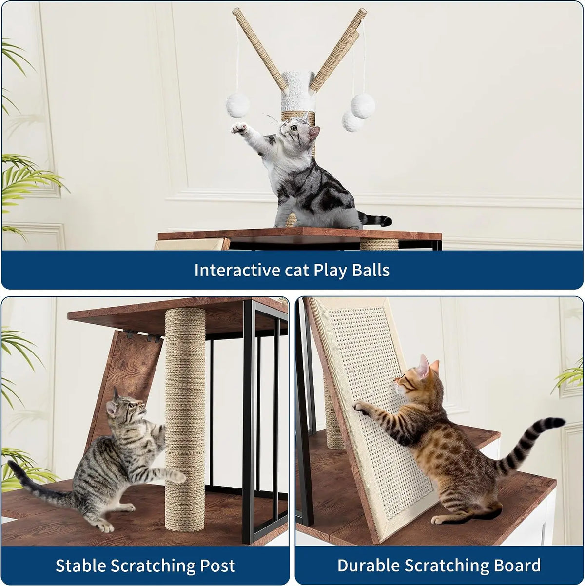 Garvee Wooden L Shaped Cat Tree Scratching Post Storage Cabinet