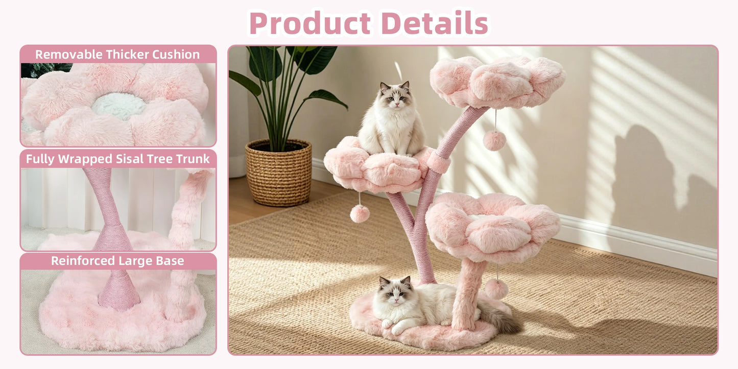 105cm Tall Pink Flower Cat Tree Tower with Scratching Post Wood Branch Cat Cushioned Bed Hanging Ball Toy