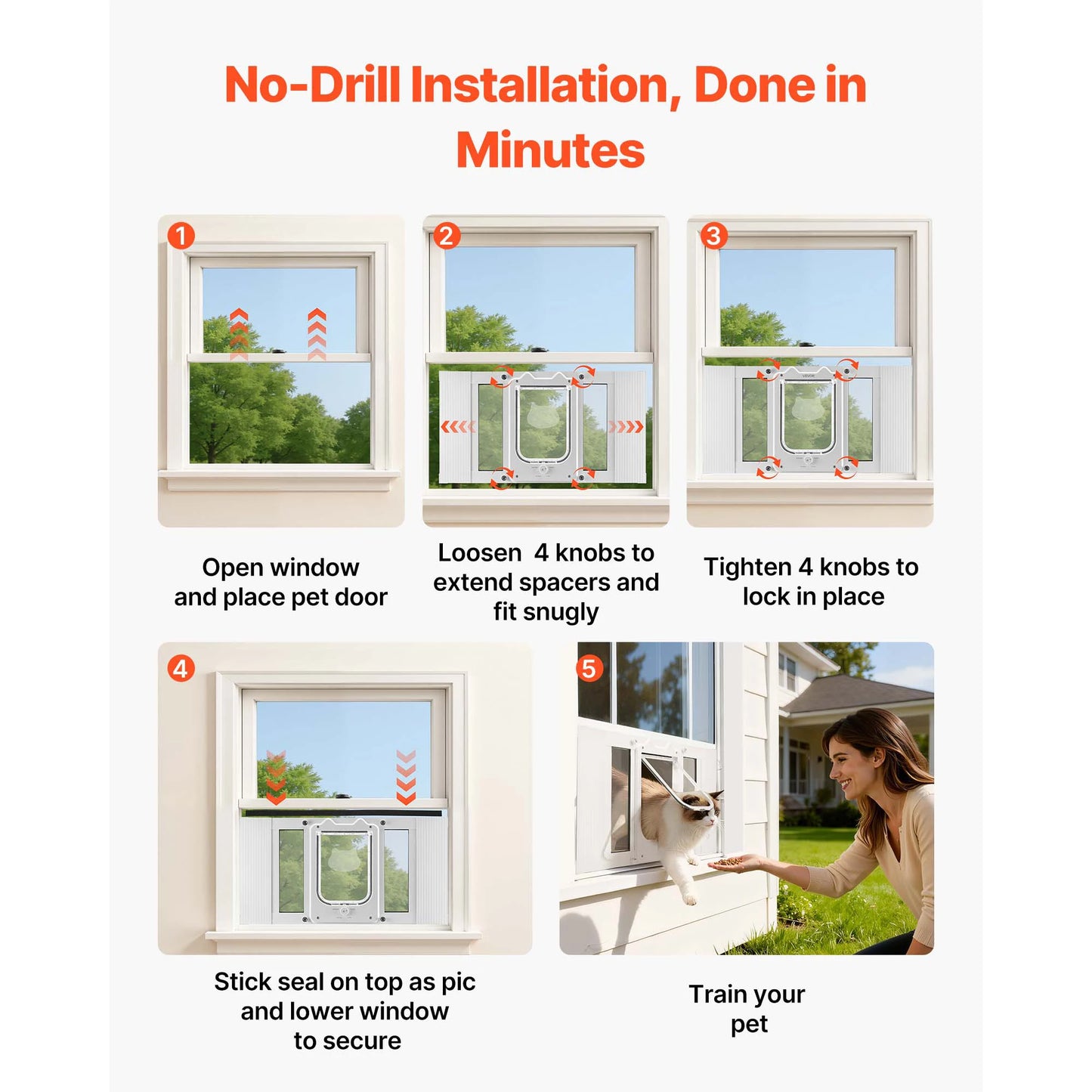 SucceBuy Cat Door for Window Adjustable to Fit Window Width 23"-28" 4 Secure Lock Modes Magnetic Closure Pet Door for Cats White