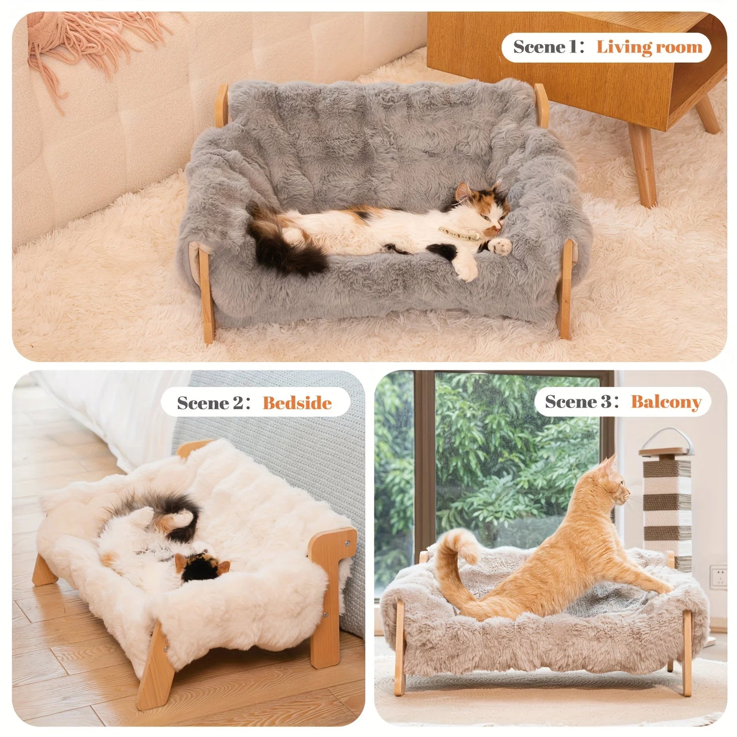 Raised Solid Wood Pet Couch Bed - Elevated Modern Cat & Dog Sofa Chair with Thick, Wide Wood Frame, (Suitable for cats & small D