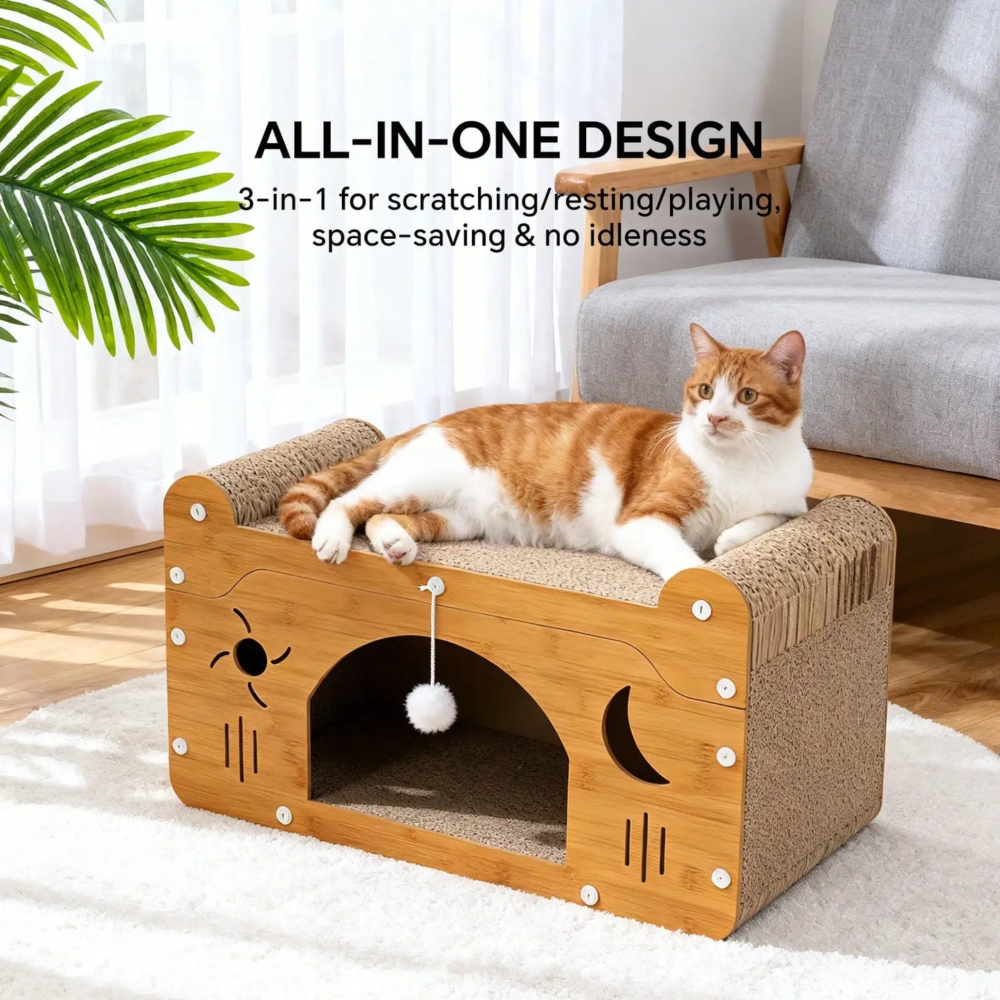 2 In 1 Double Layer Cardboard Cat Scratcher Lounge Bed Bubble Fish Star Moon Double Cat Head Pattern Detachable Upper Platform Cat Hideaway With 2 Hanging Pom Pom Balls For Multi Cat Households