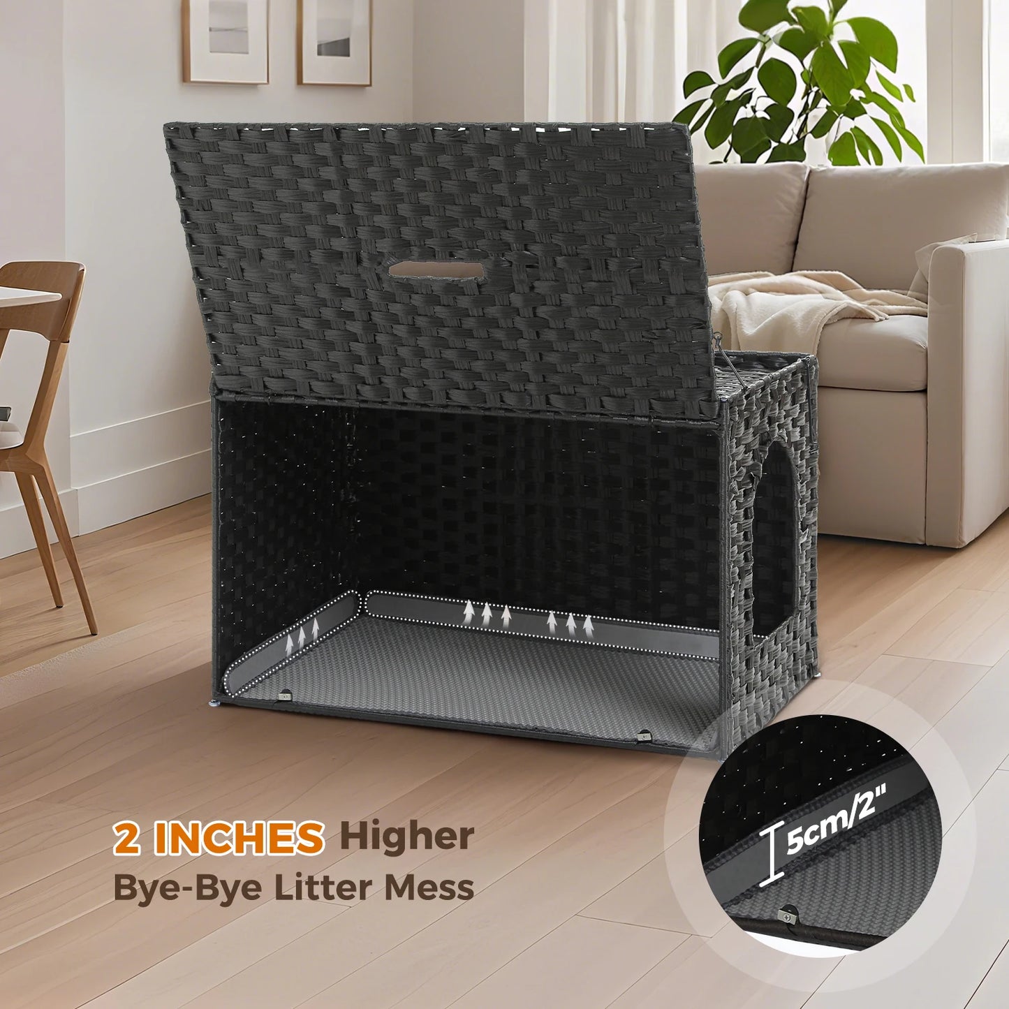 Rattan Cat Litter Box Enclosure with Taller Doorway and Flip-Up Design-More Space Raised Edge Mat-Cat House Cabinet Furniture