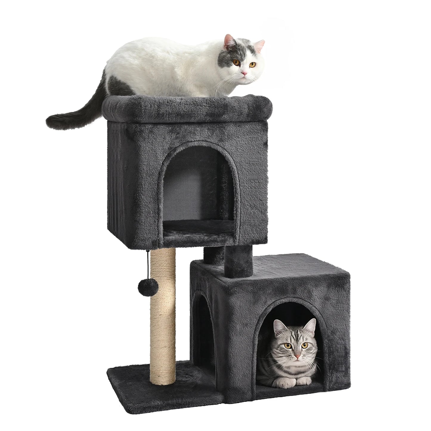 30-Inch Cat Tree with 2 Cozy Condos Sisal Scratching Post Soft Top Perch Hanging Pompom Small Cat Tower for Indoor Kitten Furniture House Cat Toys