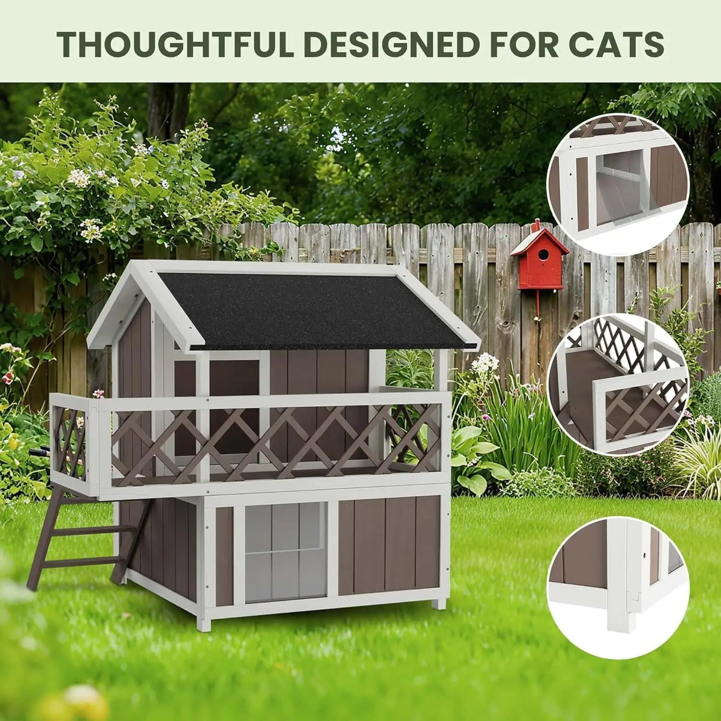 Wooden 2-Level Cat House Outdoor Indoor Weatherproof Shelter With Shade Balcony Side Stairs Guardrails Raised Floor For Cats