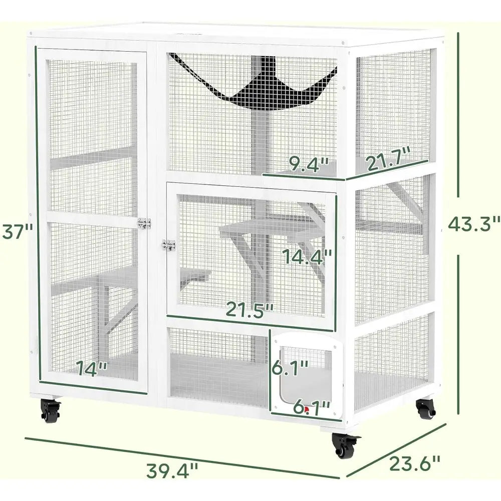 Indoor Wooden Catio, Cat House Cat Enclosure on Wheels with 3 Platorms, Hammock, Cat lap Door & Openable Top, Luxury Kitty House