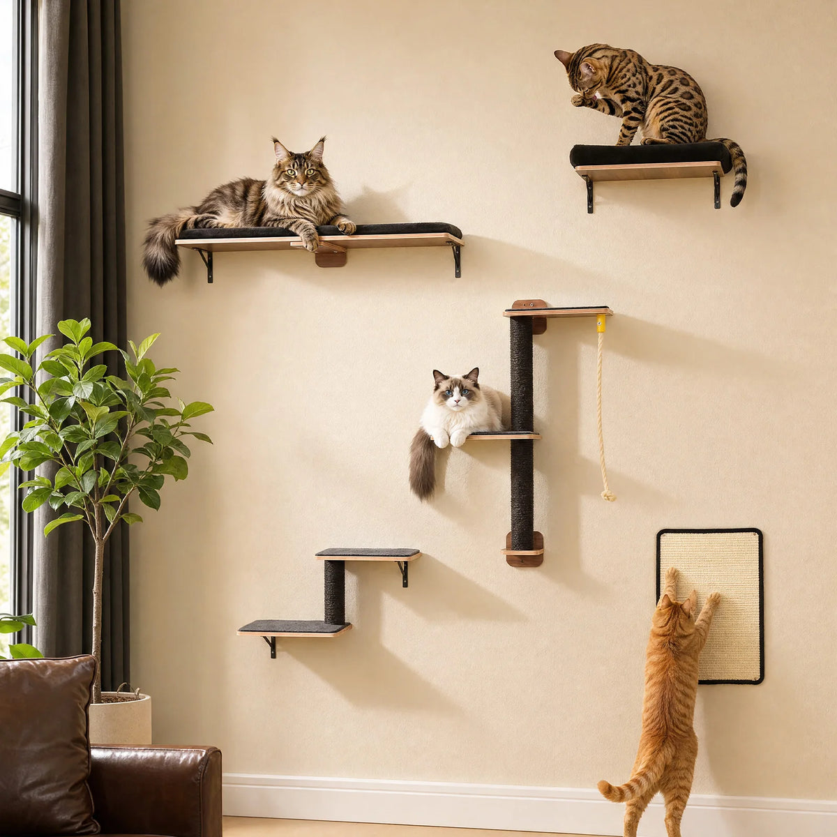 PAWZ Road Wooden Cat Wall Climbing Shelves With Scratching Posts
