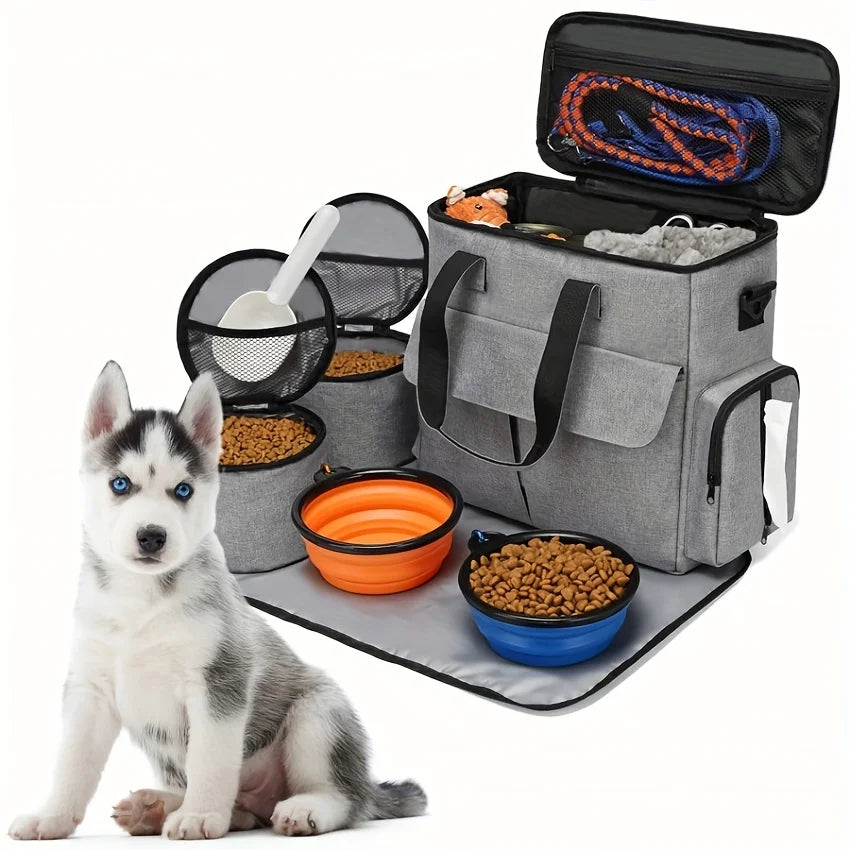 Pet Travel Bag Set Airline Approved Dog Cat Travel Organizer Weekend Tote Multi Function Pockets Supplies Bowls Containers