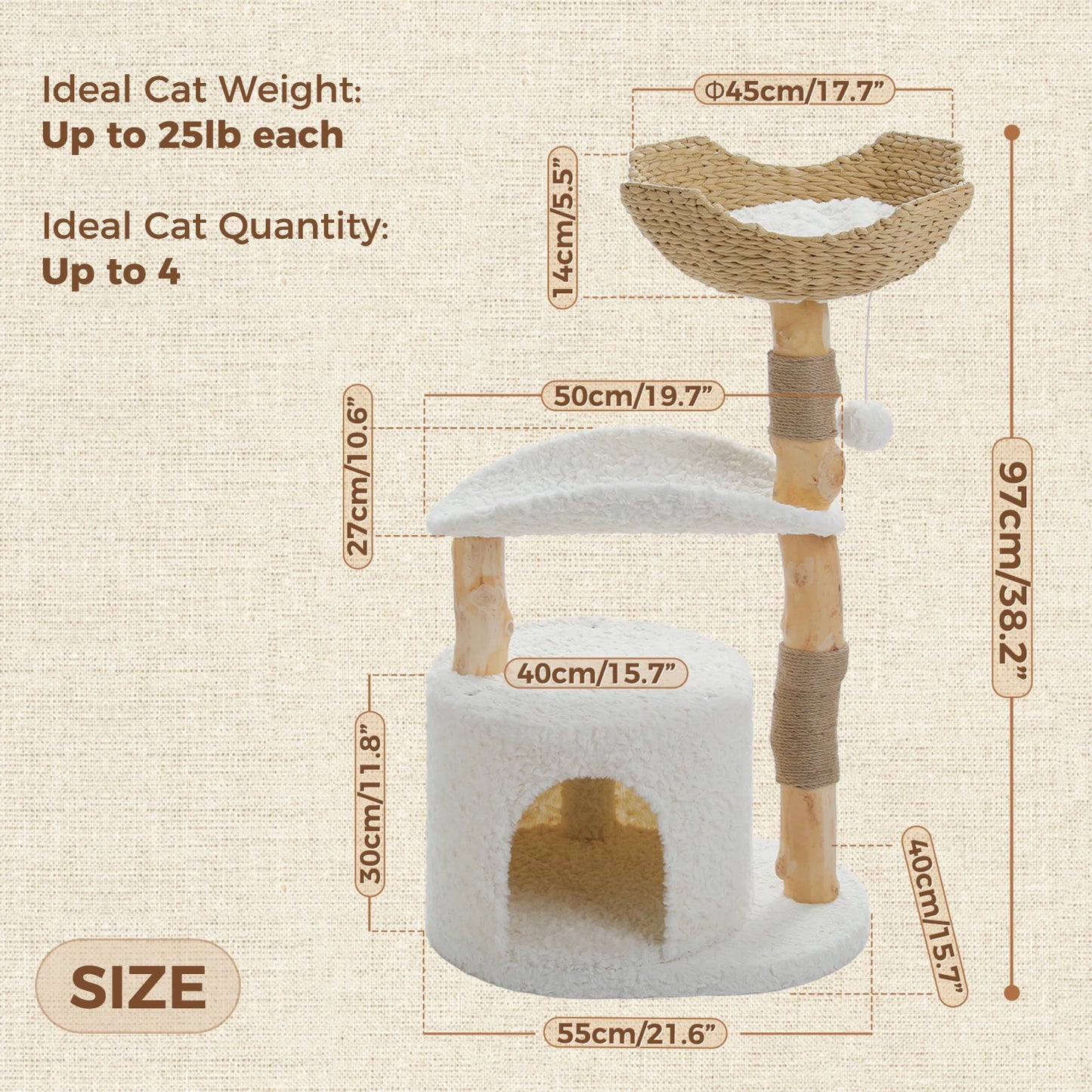 Modern Cat Tree Tower with Natural Solid Wood Scratching Posts Spacious Wicker Basket Luxury Cat Condo Bed for Indoor Cat Toys
