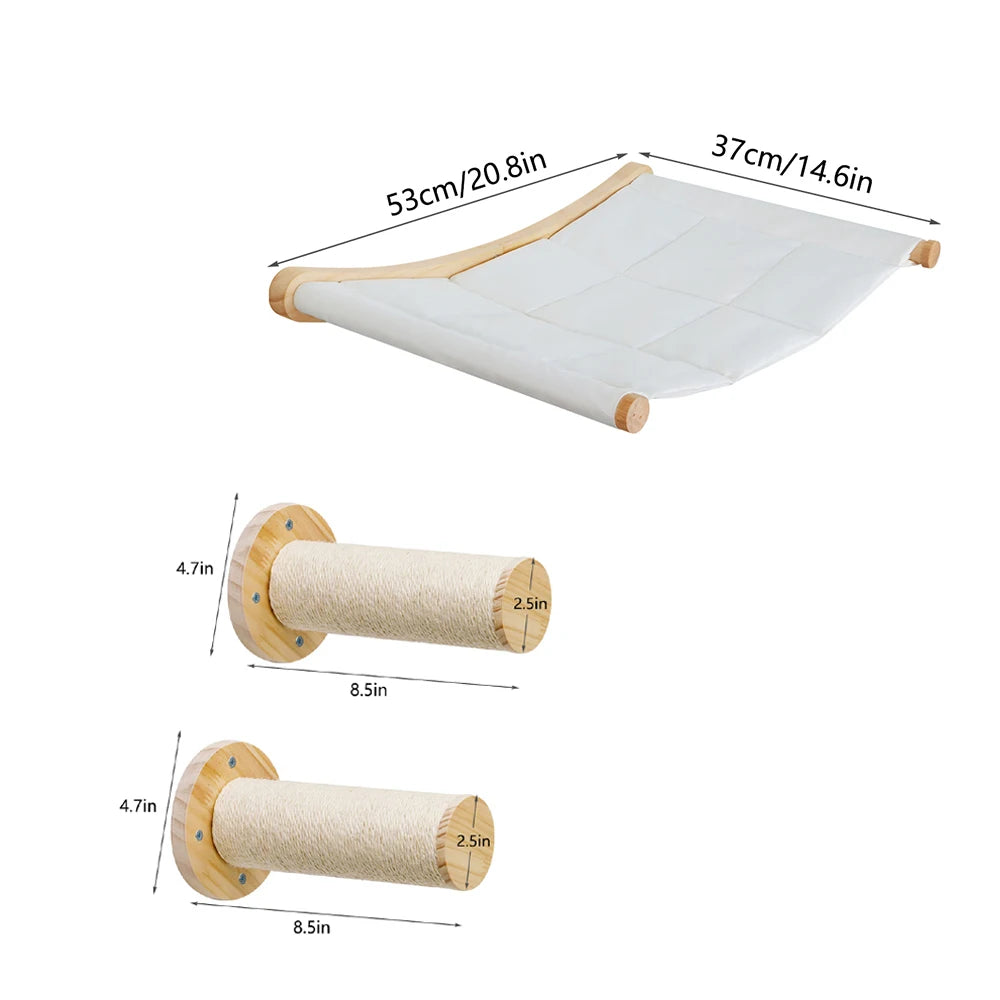 Wall Mounted Cat Hammock Set Multi Functional Climbing Shelves Perches Sisal Scratching Wooden Steps Ladder Large Cat Furniture Kit for Indoor Cats Sleeping Playing