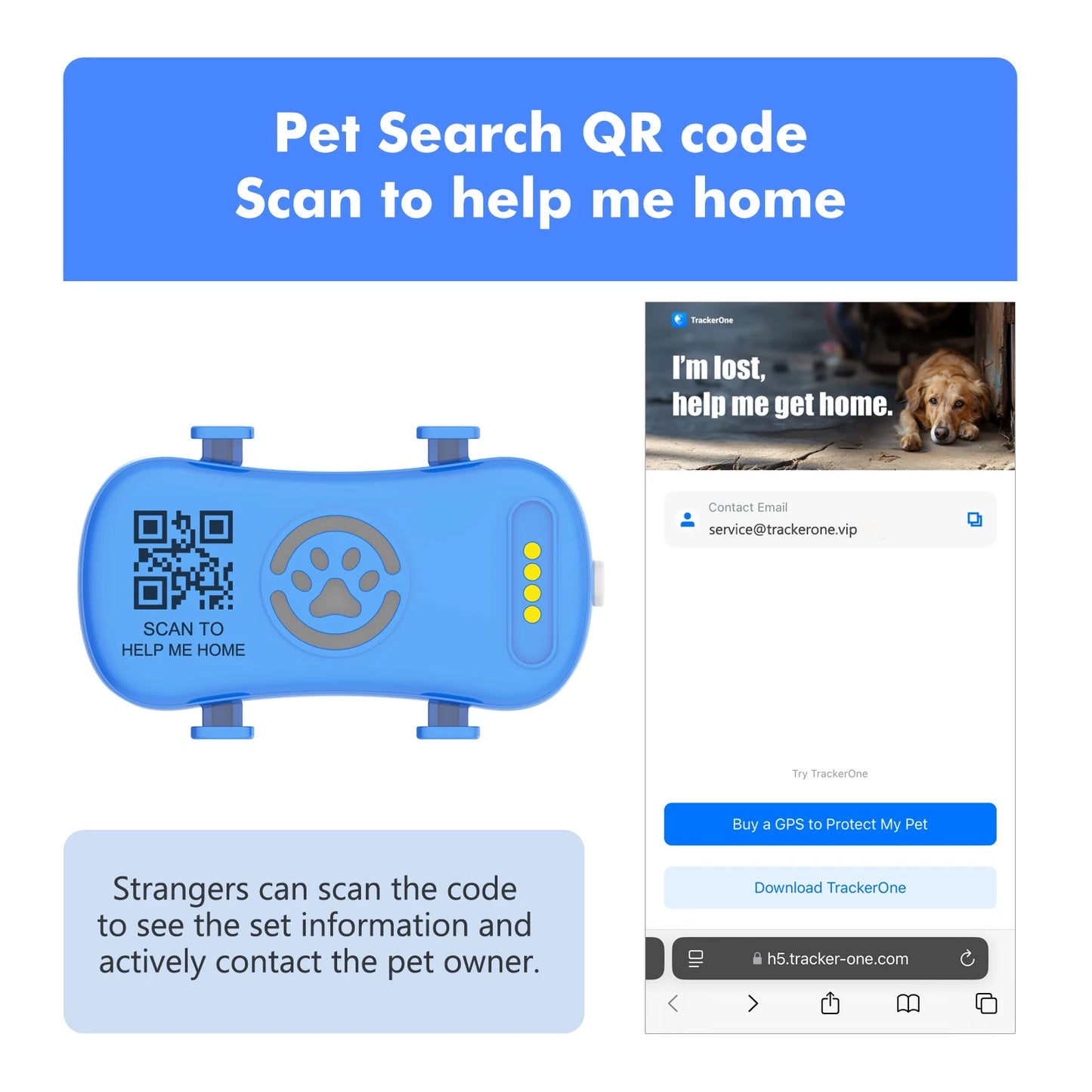GPS Pet Tracker for Dogs Cats Real Time Tracking Unlimited Distance QR Code Anti-Lost Locator with 1-year Service