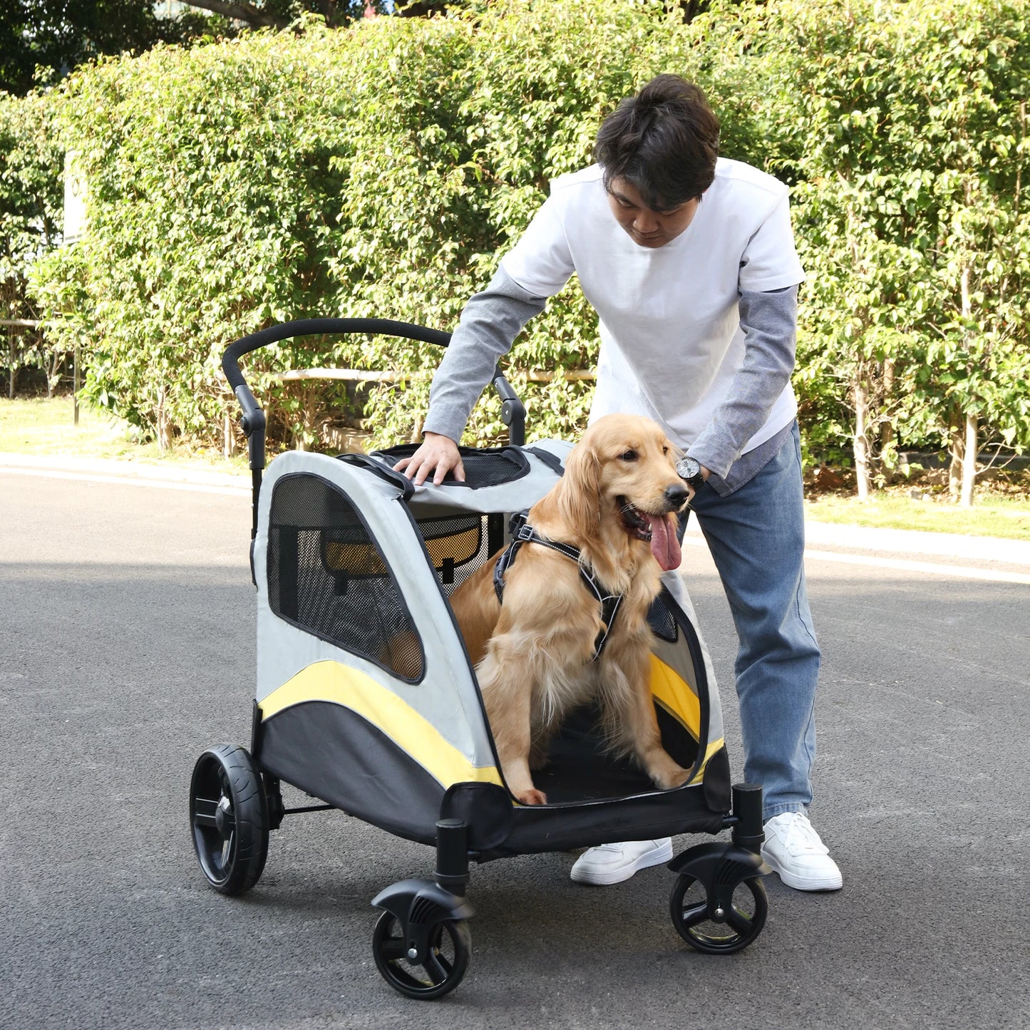 M-XL Dog Stroller Ultra-large 4 Wheels Pet Jogger Wagon Foldable Cart Travel Trolley Outdoor Animal Carrier Load Up To 55kg