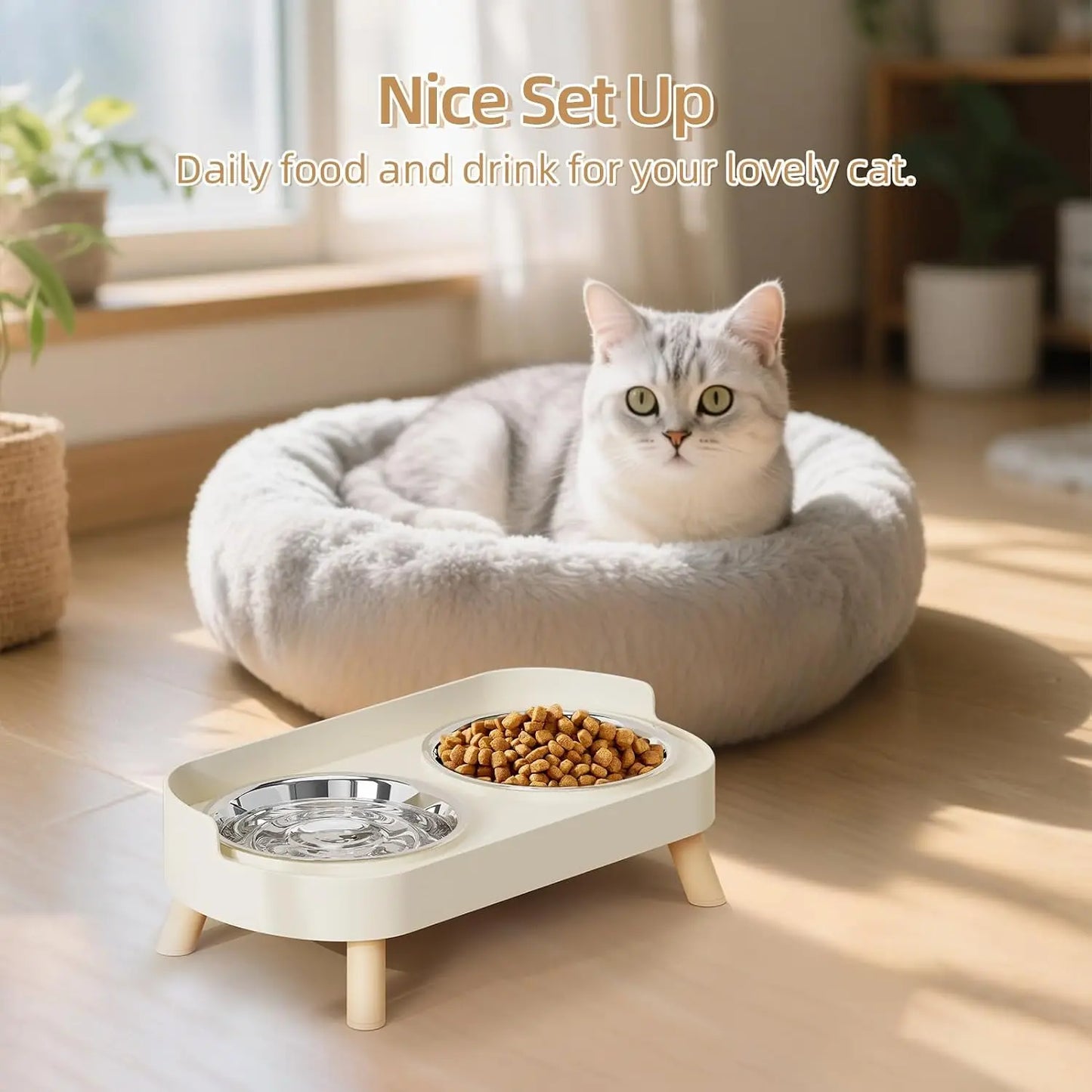 Elevated Cat Bowl, Raised Cat Food and Water Bowl Set for Indoor Cats, Splash Proof with  Stainless Steel Pet Food Bowls for Cats and Puppies, Whisker Fatigue and Dishwasher Safe - White