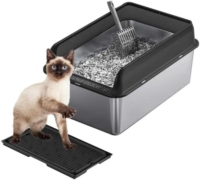 Garvee Stainless Steel Cat Litter Box Leak-proof Semi-enclosed Splash-proof Covered Cat Toilet with Removable Lid for Large Cats for Home High Sided, Top Entry, Anti-Tracking, Step Plate, by Annie N Poe Cattastic Supplies