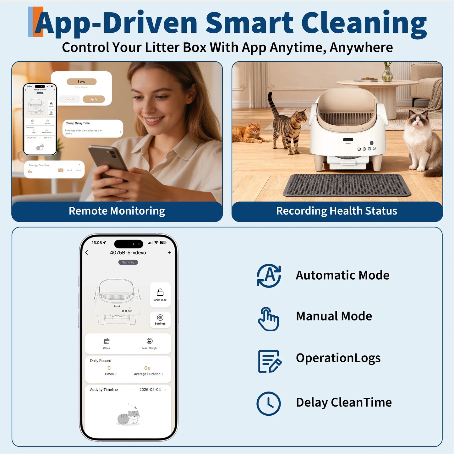 Self Cleaning Smart Litter Box APP Controlled Automatic Odor-Free Cat Toilet with Large Waste Bin for Single Multi Cats