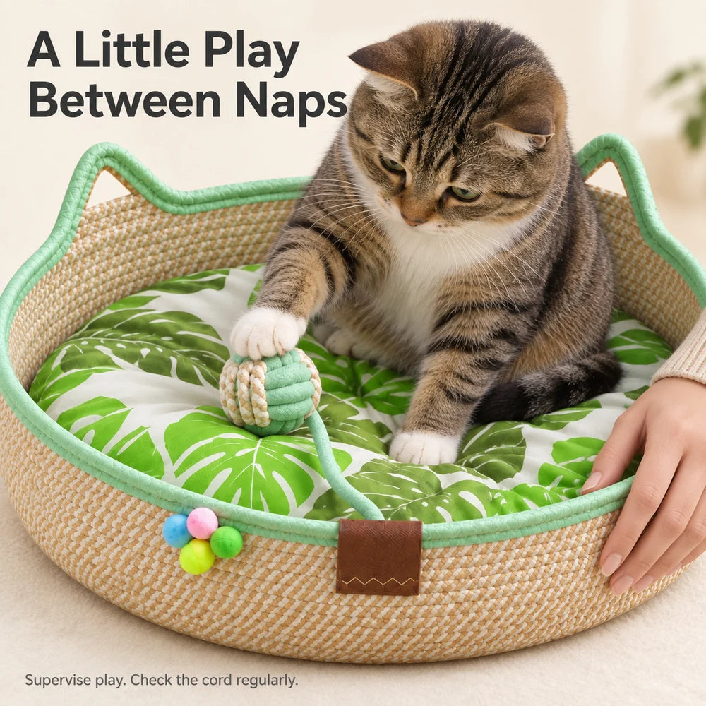 Comfortable Round Woven Cat Bed With Stylish Ear Design by Annie N Poe Cattastic Supplies