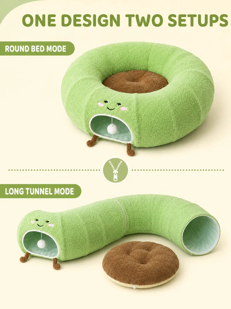 Convertible Cat Tunnel Bed With Plush Donut And Removable Cushion