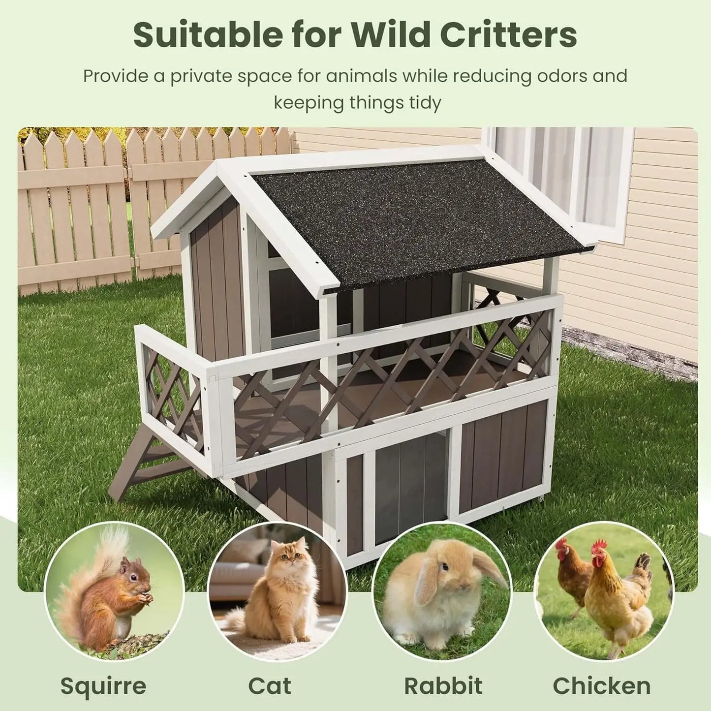 Wooden 2-Level Cat House Outdoor Indoor Weatherproof Shelter With Shade Balcony Side Stairs Guardrails Raised Floor For Cats