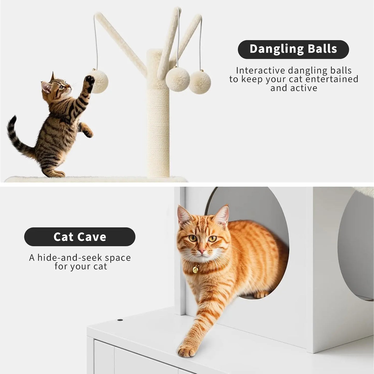 55-Inch Litter Box Enclosure with Cat Tree, 2-in-1 Modern Large Cat Tower for Indoor Cats with Condo/Hammock/Scratching Post/Plush Perch/Caves, Wooden Hidden Litter Box Furniture, White
