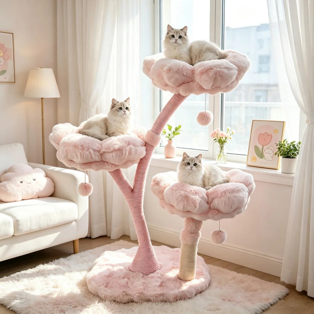 105cm Tall Pink Flower Cat Tree Tower with Scratching Post Wood Branch Cat Cushioned Bed Hanging Ball Toy
