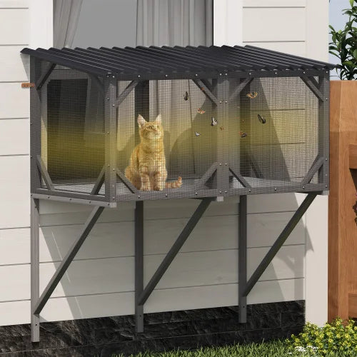 Cat Window Box, 43.3" Catio Outdoor Cat Enclosure with Bug Proof Net for Sunbathing, Napping & Viewing, Window Perch Cat Cage