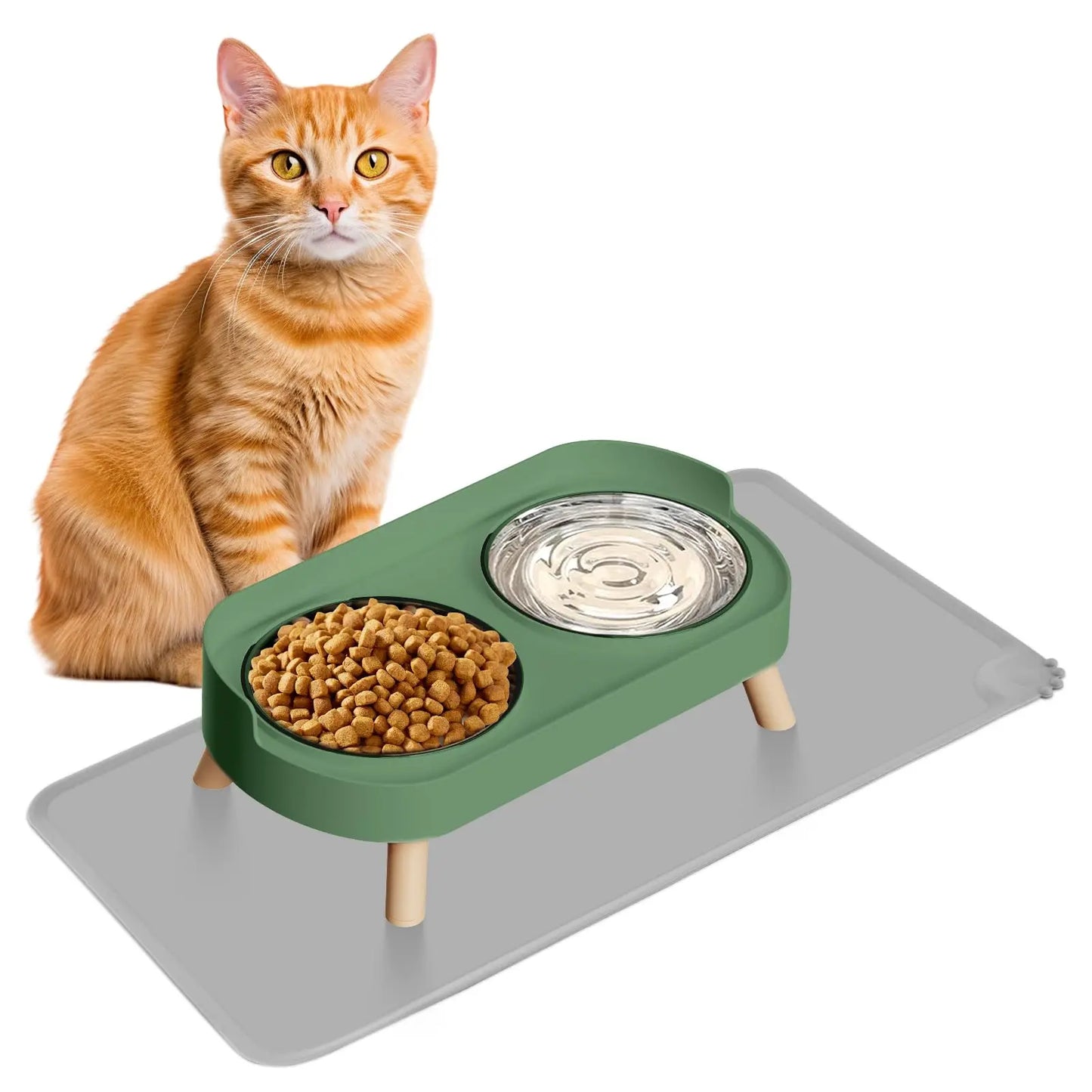Elevated Cat Bowl, Raised Cat Food and Water Bowl Set for Indoor Cats, Splash Proof with  Stainless Steel Pet Food Bowls for Cats and Puppies, Whisker Fatigue and Dishwasher Safe - White