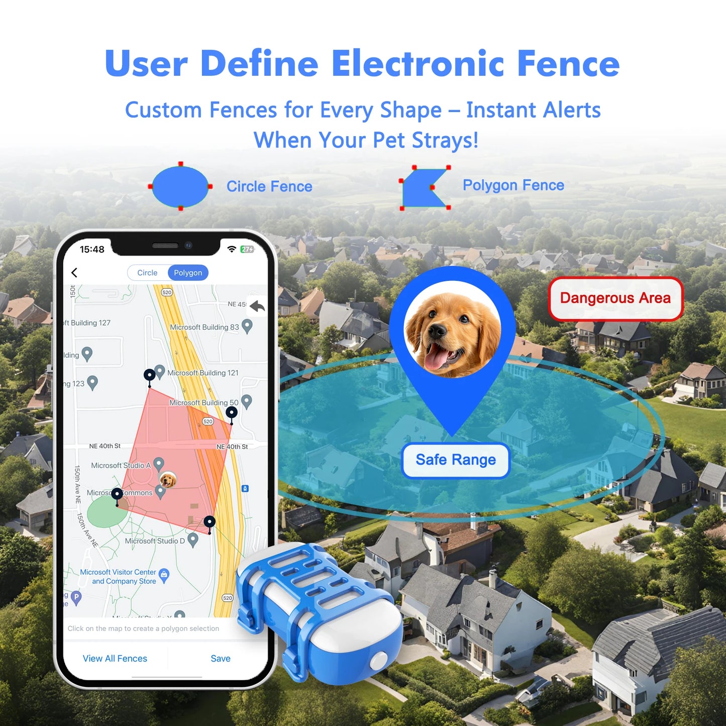 GPS Pet Tracker for Dogs Cats Real Time Tracking Unlimited Distance QR Code Anti-Lost Locator with 1-year Service