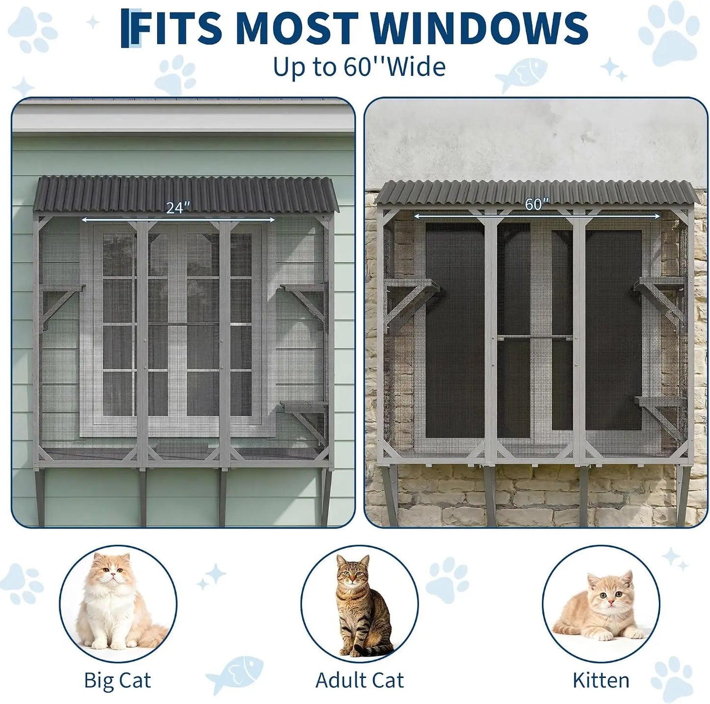 68 Inch Window Catio Wooden Cat Enclosure Large Expandable Cat Window Box With Wooden Cat Perch For Multiple Cats Sunbathing Birdwatching And Napping For Backyard