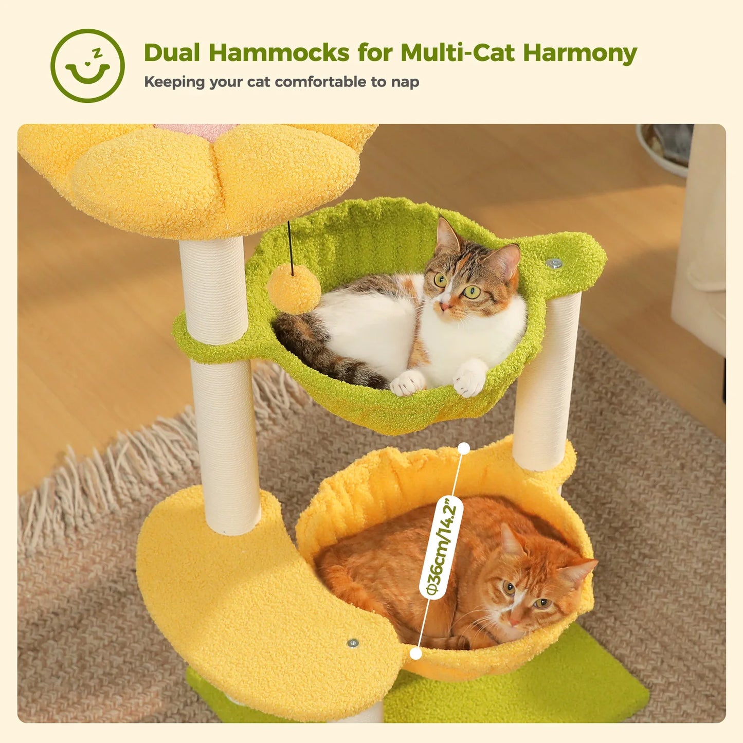 Flower Cat Tree with 2 Cozy Hammocks Sisal Scratching Posts Soft Top Perch Small Cat Tower for Indoor Kitty Cat Furniture Cat Toys