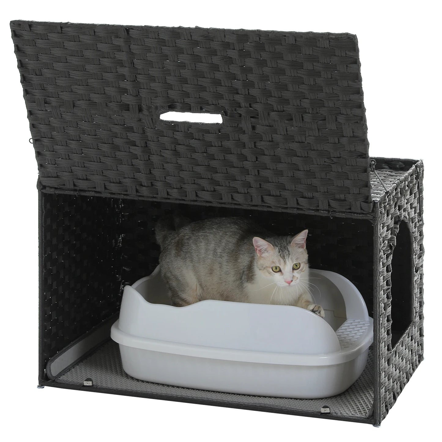Rattan Cat Litter Box Enclosure with Taller Doorway and Flip-Up Design-More Space Raised Edge Mat-Cat House Cabinet Furniture