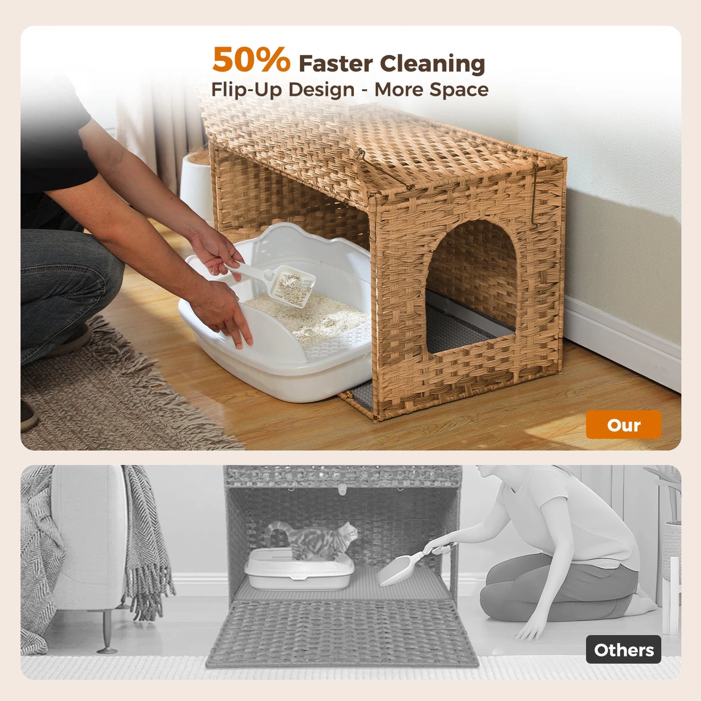 Rattan Cat Litter Box Enclosure with Taller Doorway and Flip-Up Design-More Space Raised Edge Mat-Cat House Cabinet Furniture