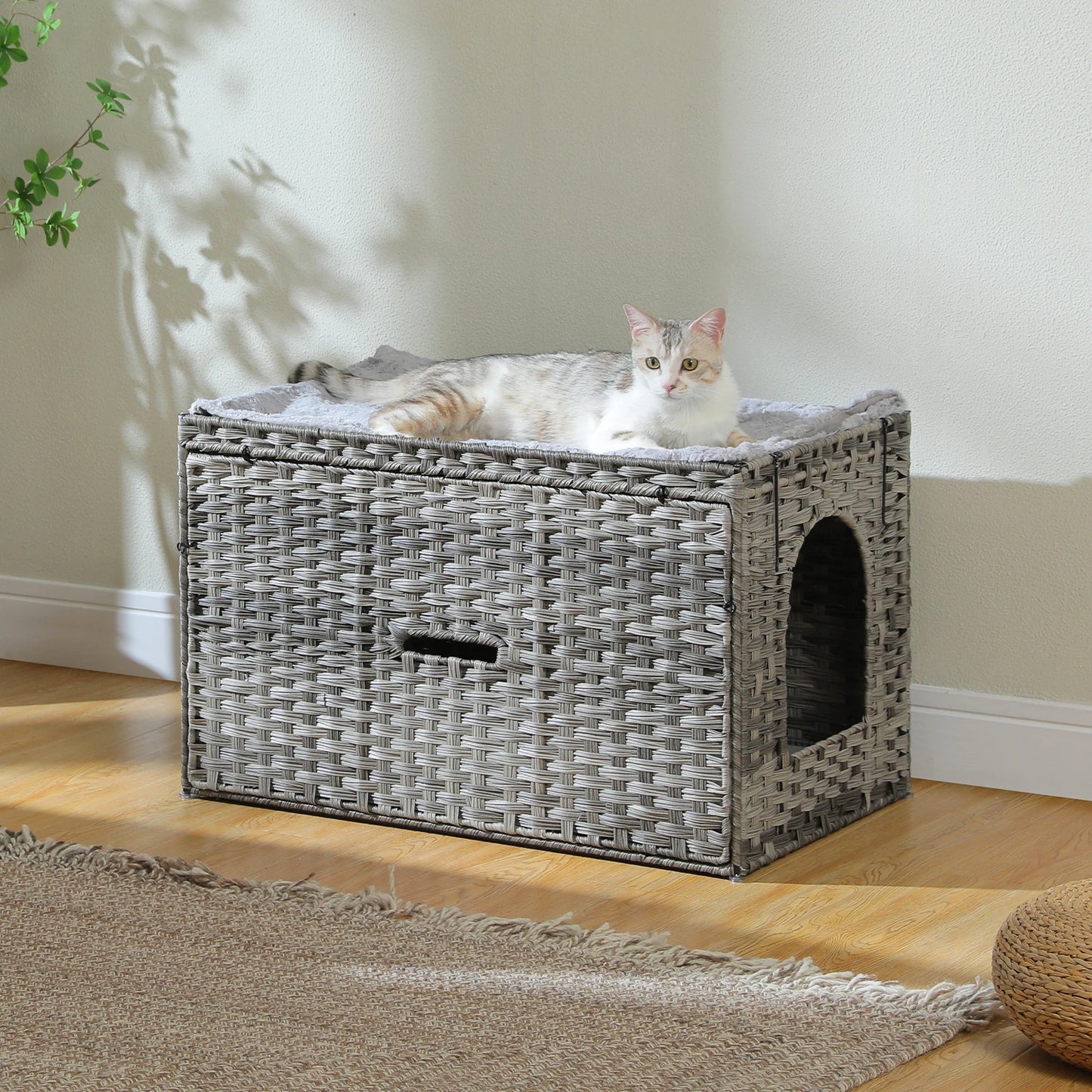 PEQULTI Rattan Cat Litter Box Enclosure With Taller Doorway