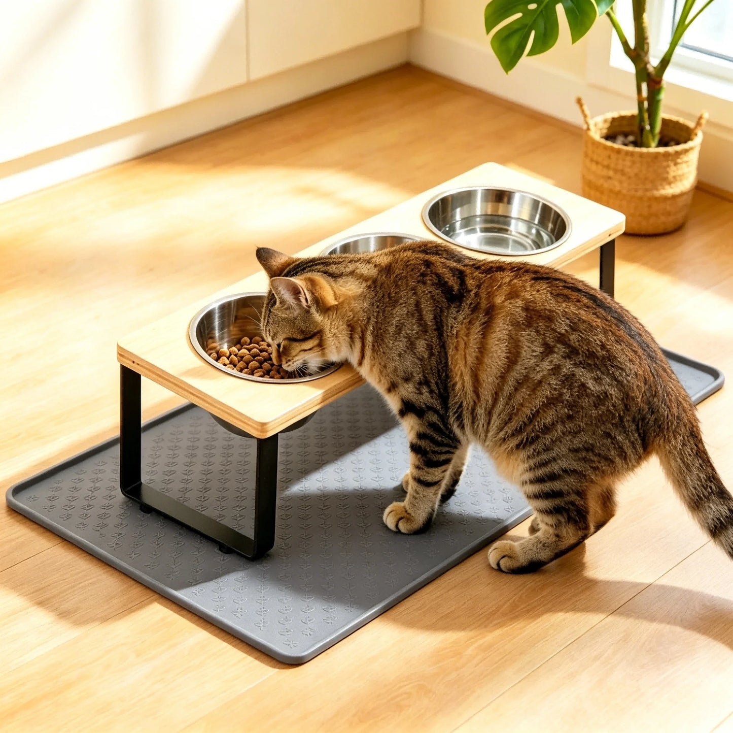 3 Bowls Elevated Cat Feeder 15° Tilted Bamboo Iron Stand Stainless Steel Pet Food Water Bowls Waterproof Anti-slip Silicone Feeding Mat for Kittens Puppies