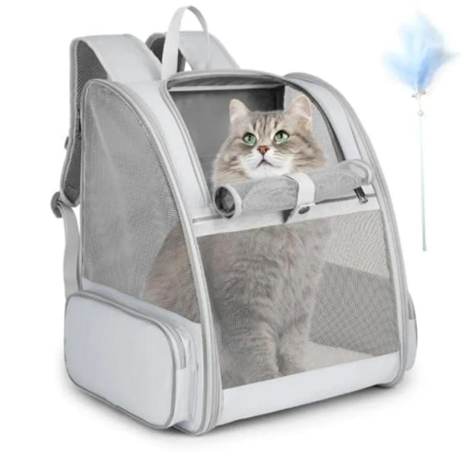 Cat Backpack Carrier For Pets With Kitten Wand Feather Toy