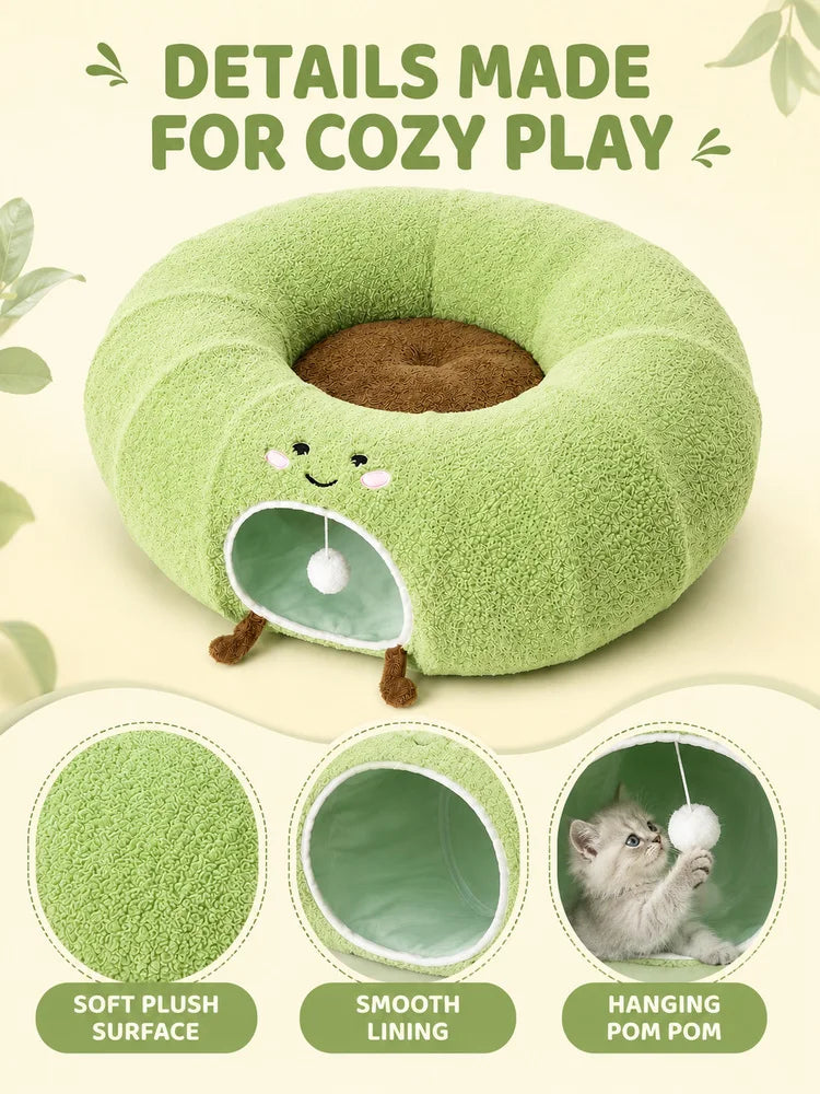Convertible Cat Tunnel Bed With Plush Donut And Removable Cushion
