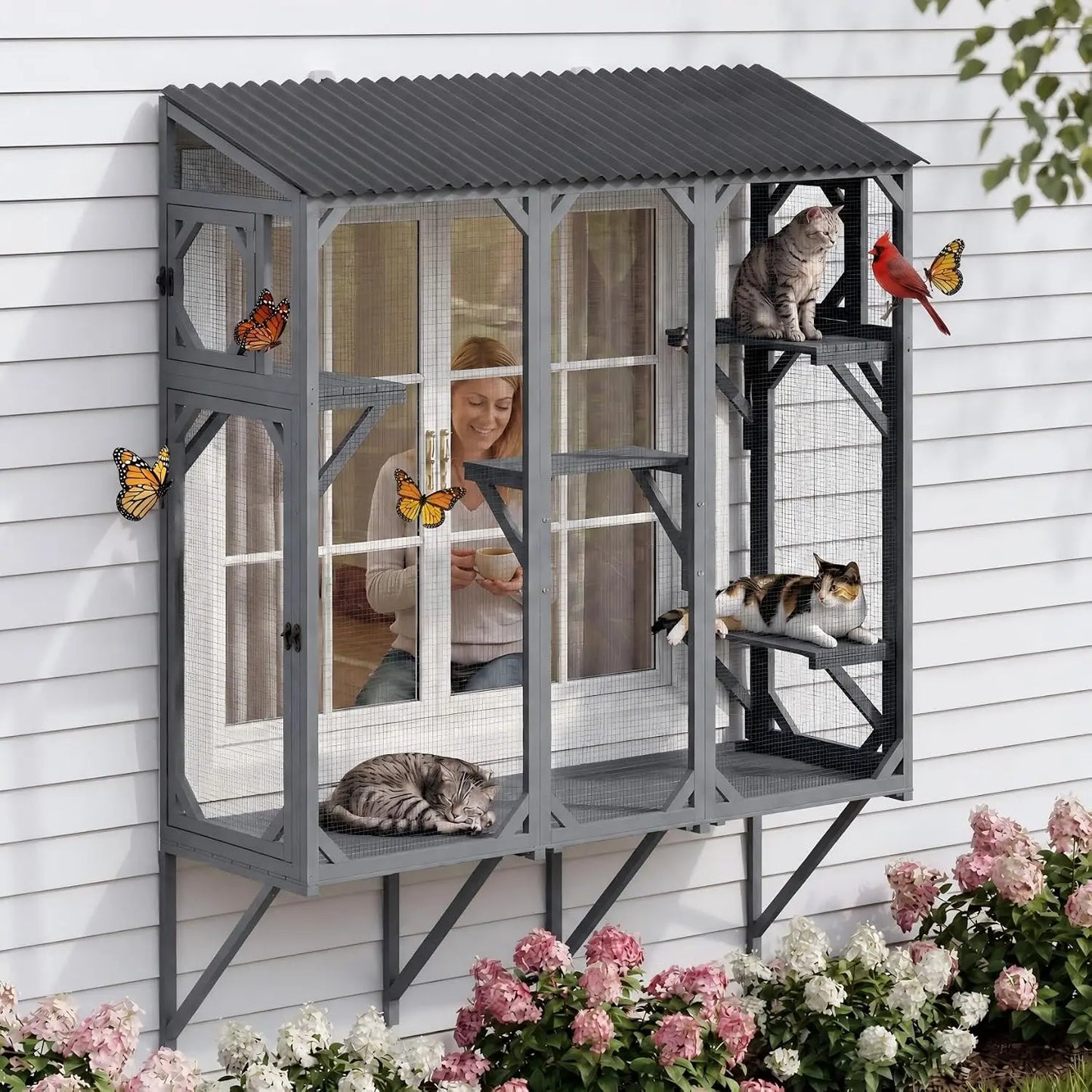 68 Inch Window Catio Wooden Cat Enclosure Large Expandable Cat Window Box With Wooden Cat Perch For Multiple Cats Sunbathing Birdwatching And Napping For Backyard